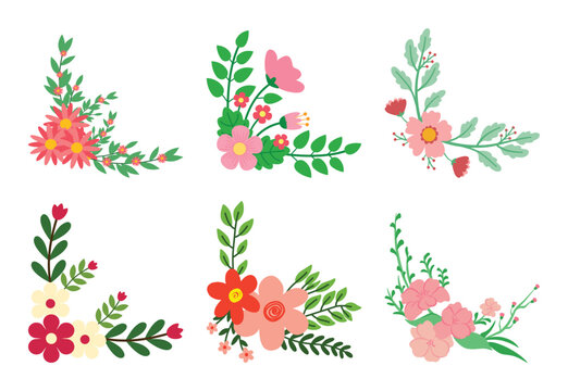Lush floral corner borders set. Flat vector illustration of dense botanical edge frames with pink and red blossoms.