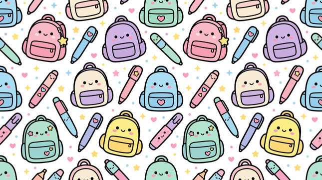 Kawaii school supplies seamless pattern with cute backpacks and colorful pens