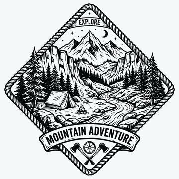 Vintage monochrome mountain adventure badge featuring camping tent, campfire, and scenic river landscape.