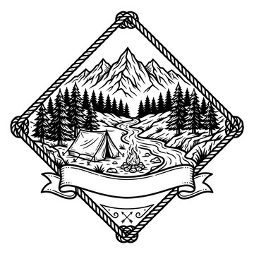 Vintage camping adventure emblem with mountains forest tent and river in monochrome line art style