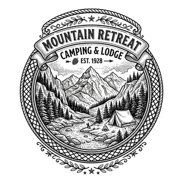 Vintage Mountain Retreat Camping and Lodge Emblem Illustration with Tent Forest and River Scene