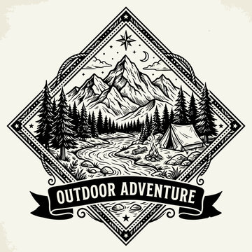 Vintage outdoor adventure badge featuring mountain landscape, camping tent, forest, and campfire.