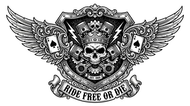 Vintage Biker Club Emblem Featuring Skull Crown Pistons and Wings Vector Illustration