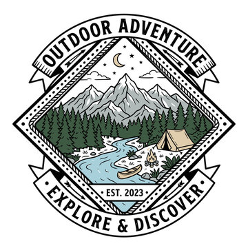 Outdoor adventure badge featuring mountain range, pine forest, and camping elements vector.