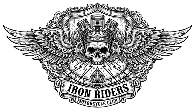 Vintage Biker Club Emblem with Winged Skull Engine Pistons and Iron Riders Shield Graphic