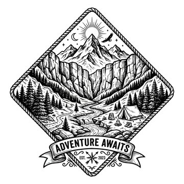 Vintage Adventure Awaits Mountain Camping Illustration Vector