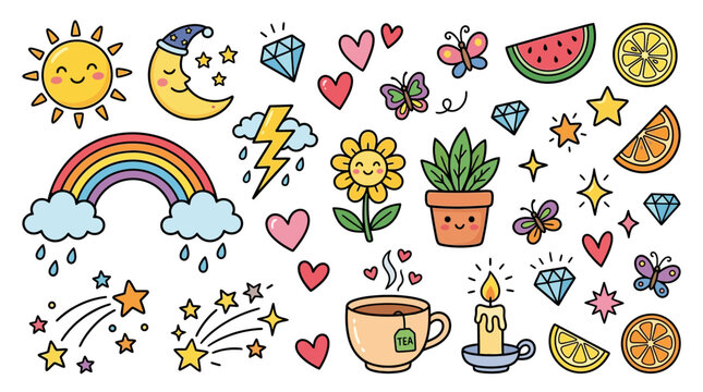 Kawaii hand drawn doodle sticker collection with nature sun moon and rainbow elements