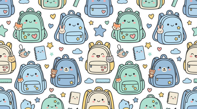 Kawaii School Backpack Seamless Pattern with Cute Animal Faces and Stationery Doodles