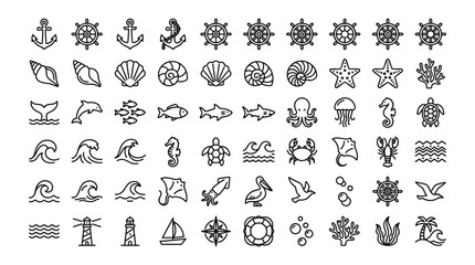Obraz premium Nautical Icons Set with Anchors, Ships, Shells, Waves, and Marine Life. Simple Line Art Design for Various Creative Projects.