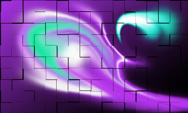 Abstract purple and green light waves flow across a textured block surface