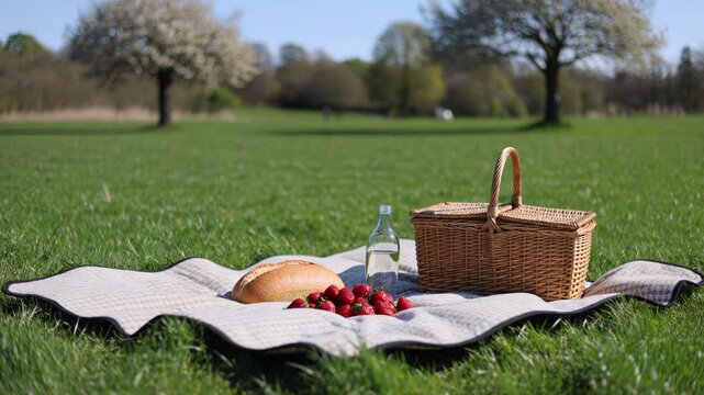 Romantic picnic lunch with fresh bread, strawberries, and water on a blanket in a sunny park with blooming trees, capturing the essence of a serene summer day