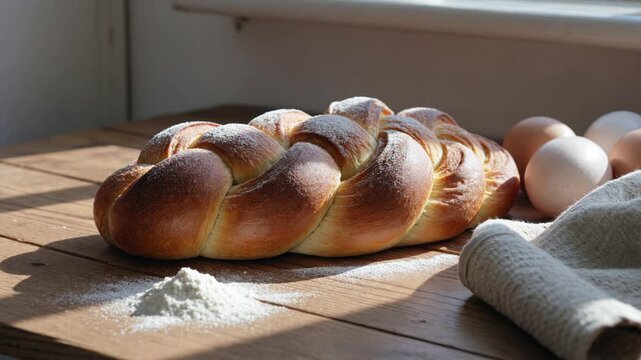 Freshly baked braided challah bread with eggs and flour resting on a rustic wooden table in the warm sunlight of a kitchen, showcasing a traditional homemade pastry