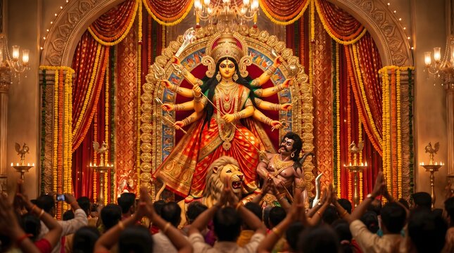 A vibrant and captivating depiction of durga puja showcasing the divine goddess and the joyous celebrations of bengal