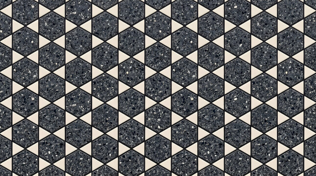 Geometric dark terrazzo hexagon and white triangle tile pattern texture