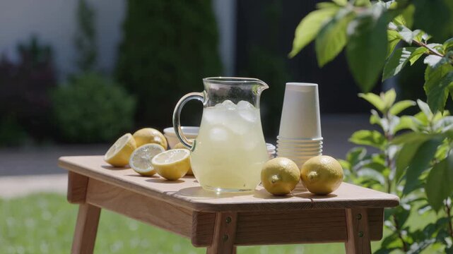 Refreshing pitcher of freshly squeezed lemonade with ice cubes and lemons sitting on a wooden table in a sunny backyard garden, ready for a summer party