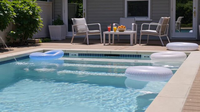Summer backyard oasis featuring a serene swimming pool with floating inflatable rings and a relaxing patio lounge area with refreshing fruit juice drinks on a sunny day