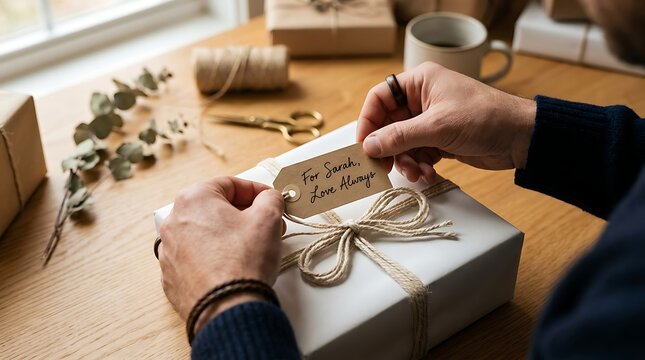 Man hands carefully attaching small kraft paper gift tag with handwritten note for Sarah love always onto white wrapped present with rustic jute twine bow on wooden desk surface