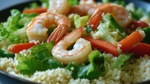 Close-up of Gourmet Shrimp and Couscous Salad with Carrots