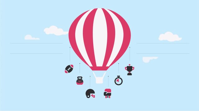 Flat vector animation of a hot air balloon with floating sports icons.