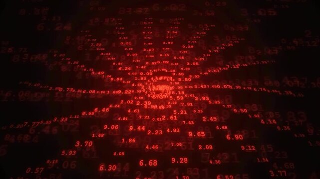 Abstract digital data stream with red glowing numbers moving through a dark cyberspace tunnel