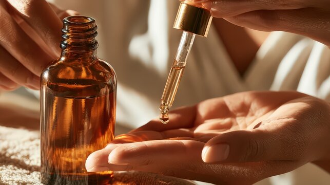 Hands dispensing organic botanical facial serum from an amber dropper with a clean modern look and quiet negative space