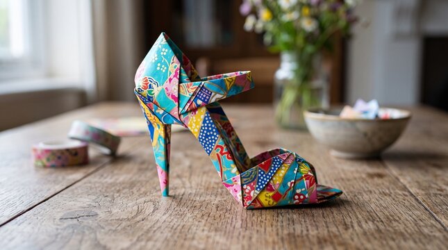 Handmade Colorful Origami High Heel Shoe on Wooden Table