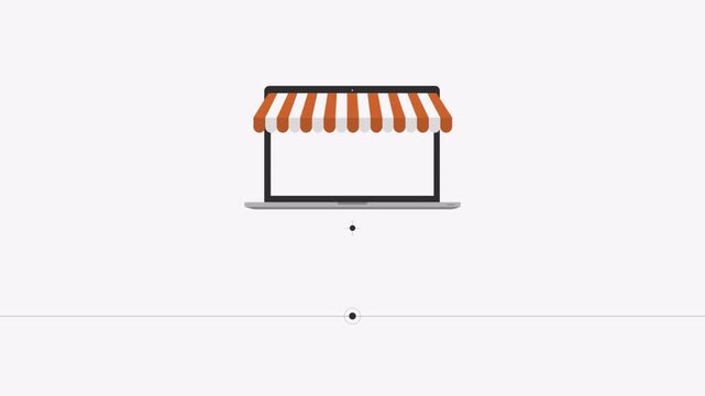 Minimalist flat design animation of an online shop storefront on a laptop screen.