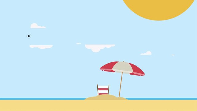 Minimalist flat vector animation of a sunny beach scene with umbrella and chair.
