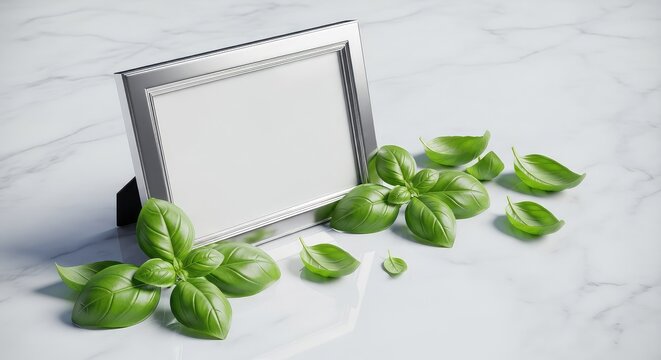 Elegant silver frame sitting on a smooth marble surface surrounded by fresh green basil leaves. Perfect for food menus or kitchen art, texture, modern, studio