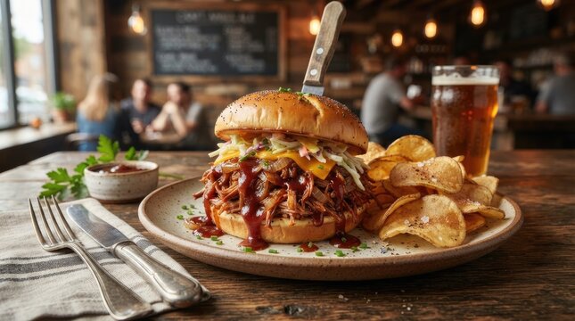 A close-up shot of a juicy pulled pork sandwich with coleslaw and chips, served on a rustic wooden table.