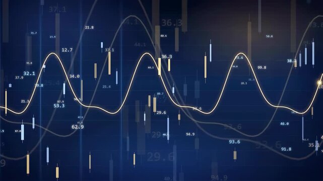 Abstract digital financial data visualization with moving gold line graphs and stock market candlesticks