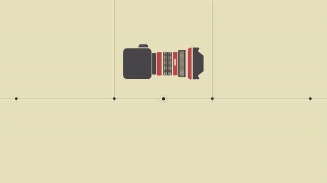 Minimalist graphic animation of a professional DSLR camera on a plain background.