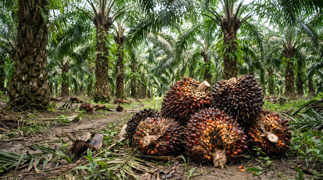 Piles of harvested fresh fruit bunches of oil palm lying on the ground in a tropical plantation. Background shows tall palm trees and greenery. Concept of agriculture, farming