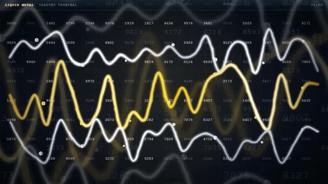Abstract digital financial data visualization with glowing yellow and white wave lines on dark background