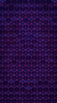 Seamless Purple Low Poly Isometric Pattern Background with Glowing Edges. Phone Wallpaper Background with Technology Theme.