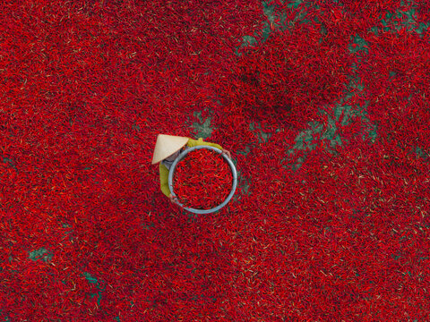 Aerial view of a worker with a conical hat sorting red chilies drying in De Gi, Binh Dinh, Vietnam