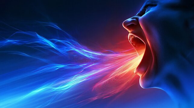 Person's open mouth releasing vibrant sound waves and energy, depicting anger and stress