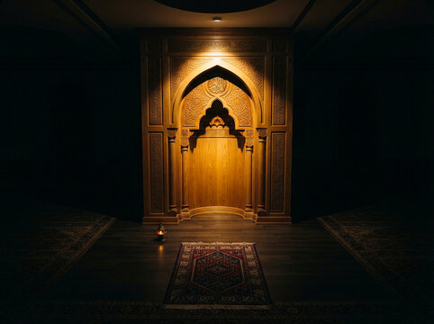 Mihrab arched niche inside a traditional mosque featuring intricate wooden carvings and a patterned prayer rug in dim ambient lighting