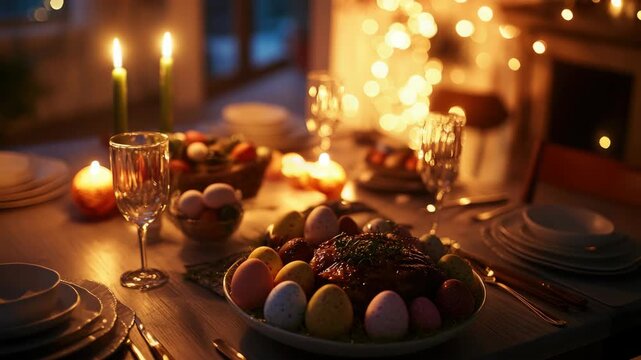 Festive Easter Dinner Table with Roast Turkey and Decorated Eggs