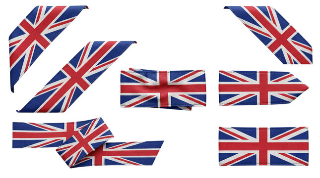 Various union jack flag ribbons and banners isolated on transparent background