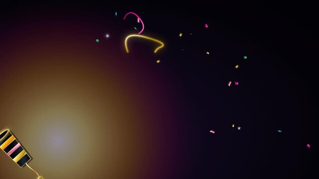 3D Animated Party Popper Explosion with Metallic Gold Confetti and Colorful Swirling Streamers Seamless Loop