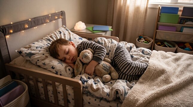 Toddler Sleeping Peacefully in Cozy Wooden Bed Hugging Stuffed Bunny