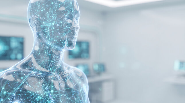 Transparent human body model with glowing digital network connections