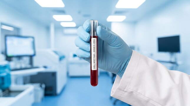 A gloved doctor holding a transparent test tube filled with donor blood against a clean blue medical background, blood sample prepared for cholesterol and infection testing, clinical healthcare resear