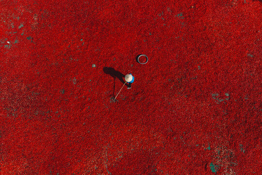 Aerial view of a line of workers raking sun-dried red chili peppers in De Gi, Binh Dinh province, Vietnam
