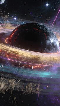 Vertical video: Panning camera revealing more planet in space with red rifts, gold ring and debris