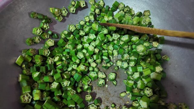 Ladies Finger Stir Fry Cooking in a Pan
