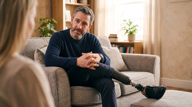 Man with prosthetic leg conversing with woman in living room