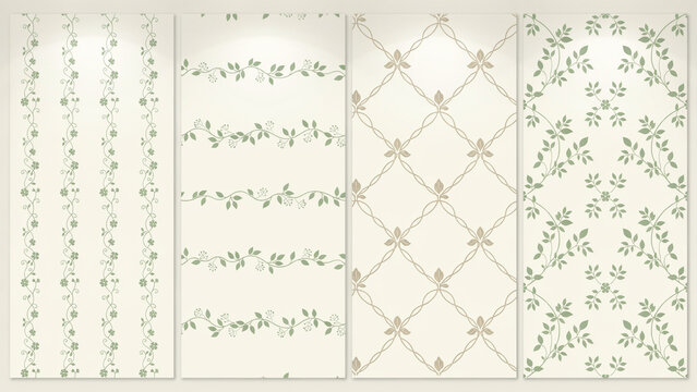 Vertical wall panels with delicate green leafy vine patterns on a light cream background