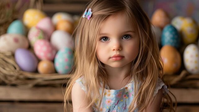Young Girl with Eyes Closed in Front of Decorated Easter Eggs